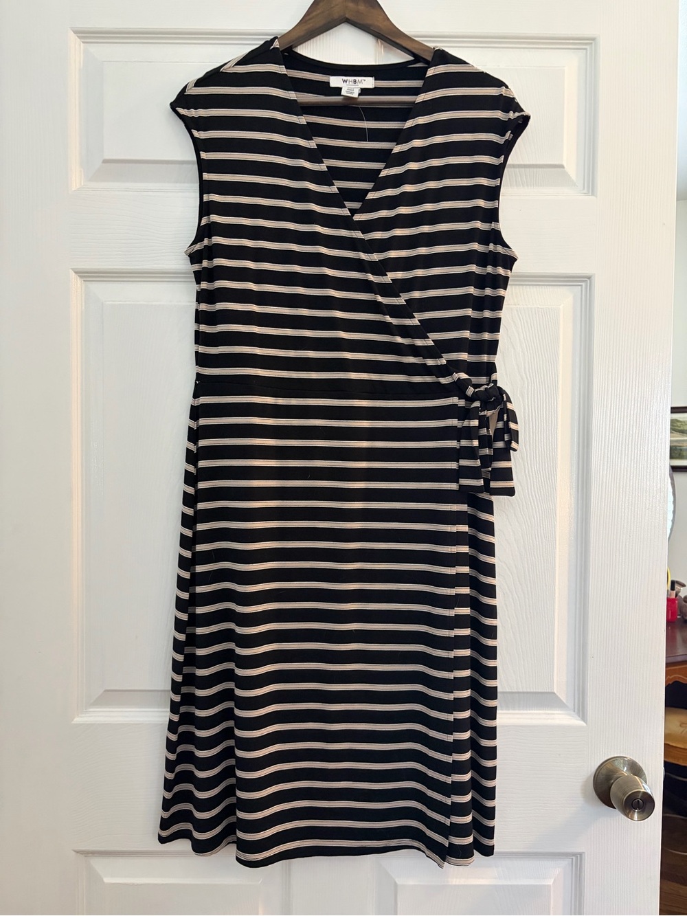 WHBM Sleeveless Black and Cream Striped Wrap Dress